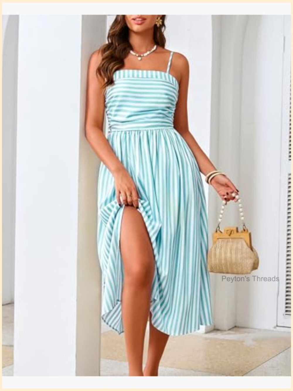 Women Satin Maxi Dress Ruched Sundress with Pockets Slit Adjustable Spaghetti - Picture 5 of 7
